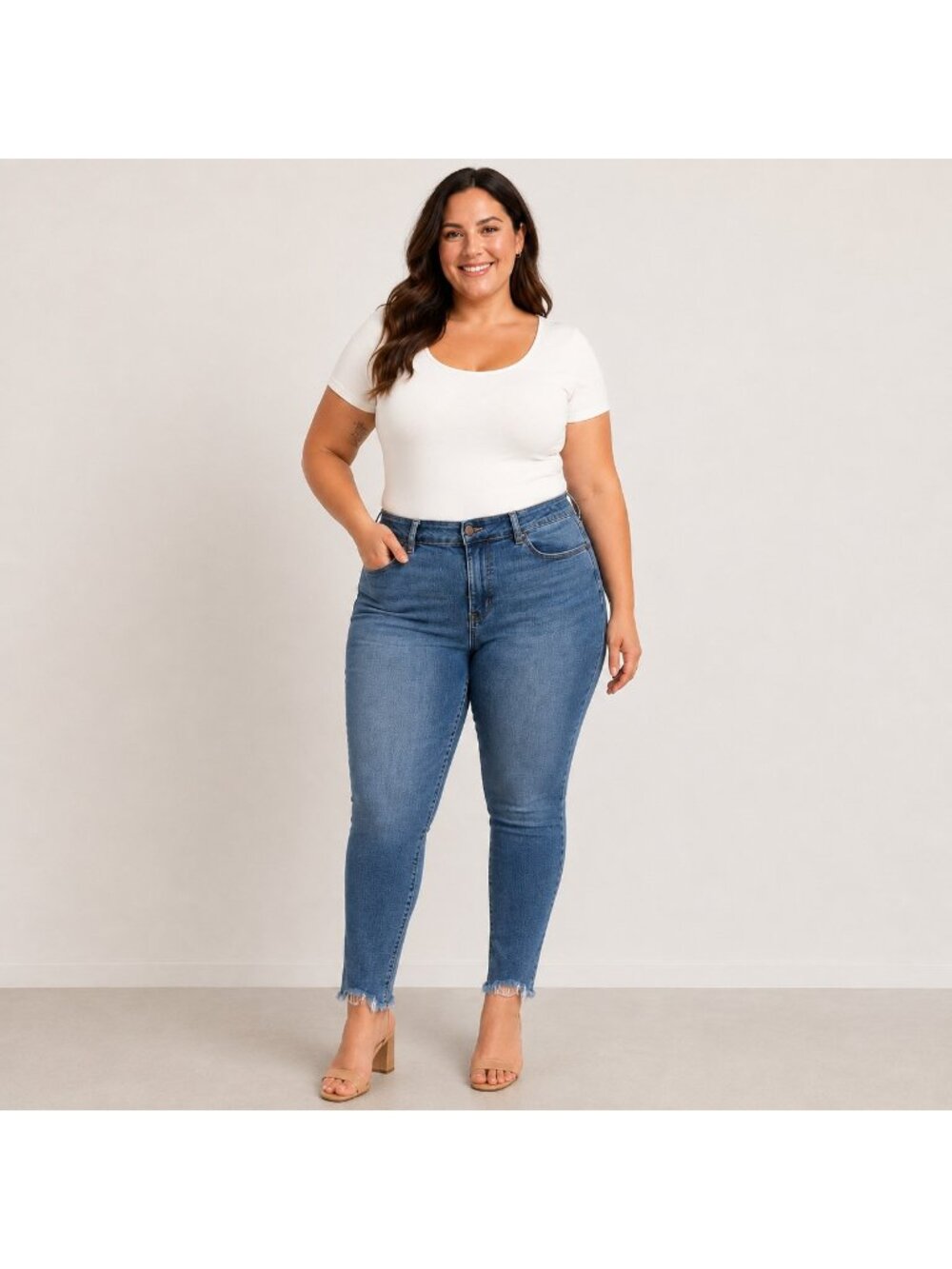 Judy Blue Jeans Womens 14W Skinny Fit Medium Wash Raw Hem Stretch Denim Plus